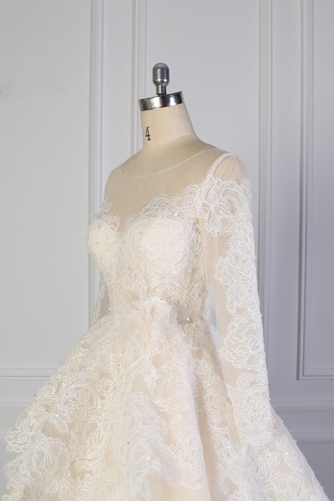 BMbridal Exquisite Lace Appliques Wedding Dress Tulle Long Sleeves Sequined Bridal Gown On Sale-BMbridal