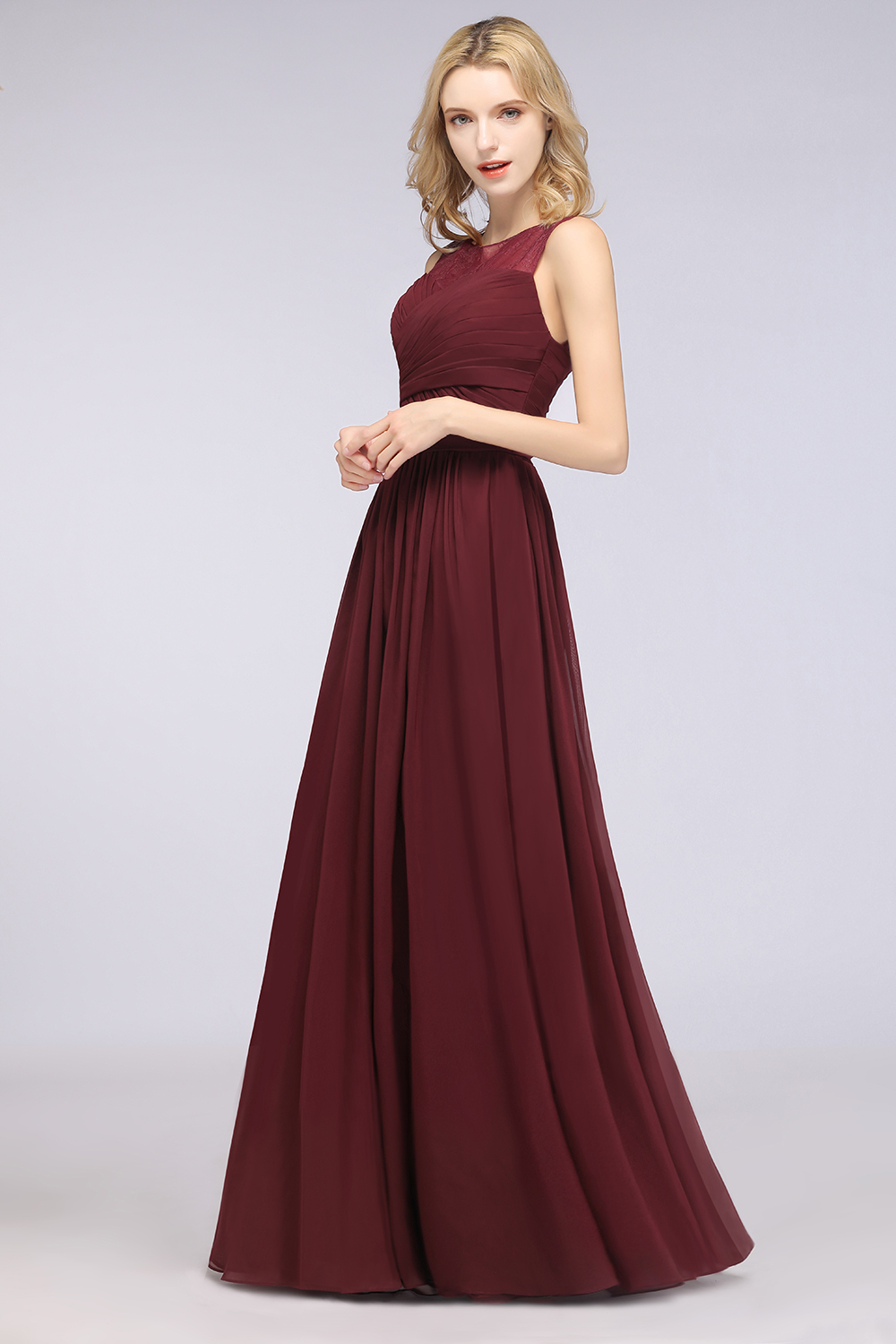 BMbridal Modest Chiffon Lace Scoop Ruffle Burgundy Bridesmaid Dresses Affordable-BMbridal