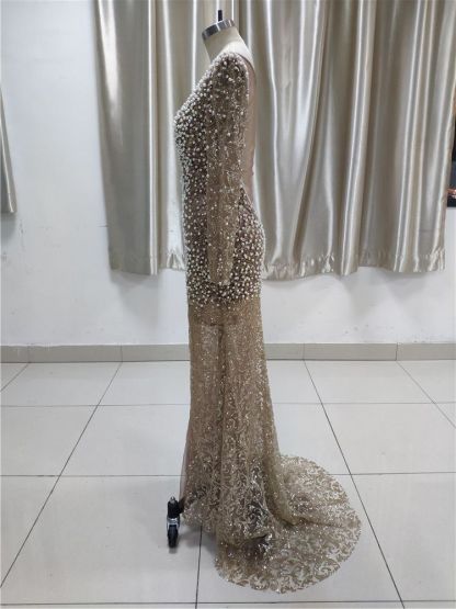 BMbridal Luxury Lace Long Sleeves Slit Prom Dresses with Appliques Pearls Online