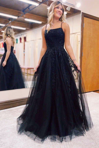 Chic Dark Navy Spagetti-Straps Prom Dress Tulle With Lace Appliques