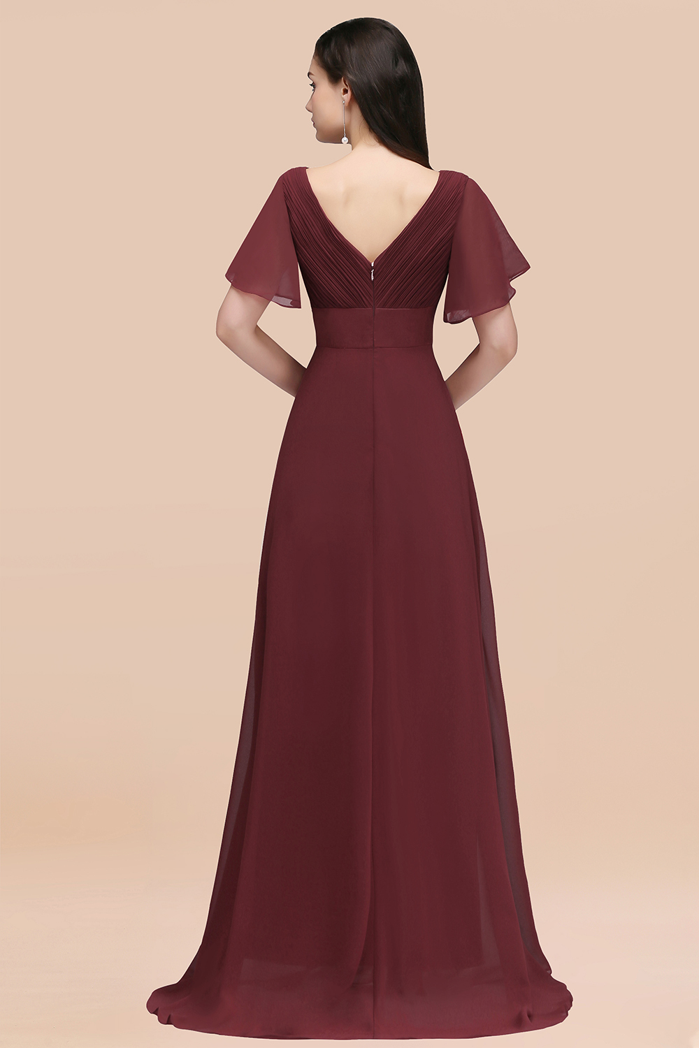 BMbridal Affordable V-Neck Ruffle Long Burgundy Bridesmaid Dress With Short-Sleeves-BMbridal