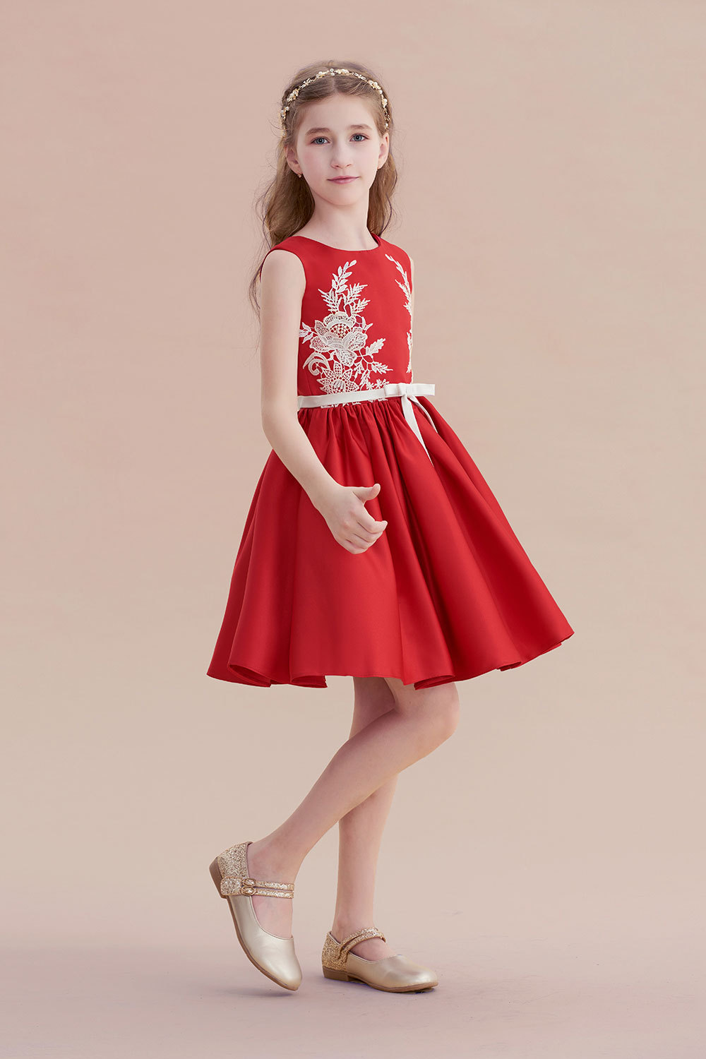 BMbridal A-Line Affordable Appliques Satin Flower Girl Dress Online-BMbridal