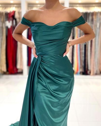 BMbridal Off-the-Shoulder Dark Green Prom Dress Mermaid With Slit
