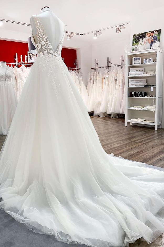 BMbridal Elegant V Neck Tulle Ivory Lace A-Line Wedding Dresses-BMbridal