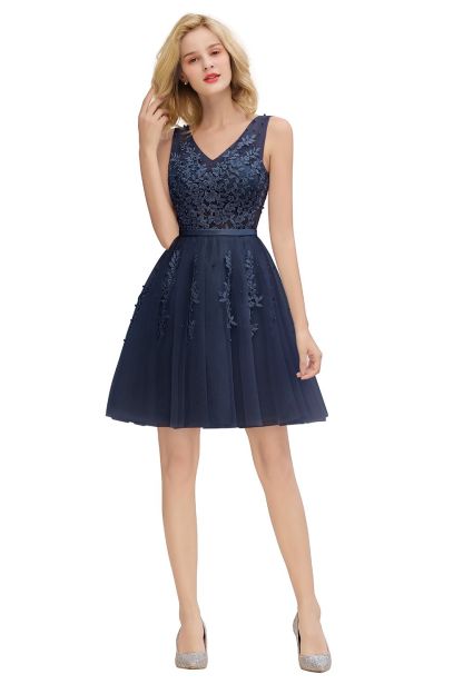 BMbridal Elegant V-Neck Sleeveless Short Prom Dress Mini Homecoming Dress With Lace Appliques