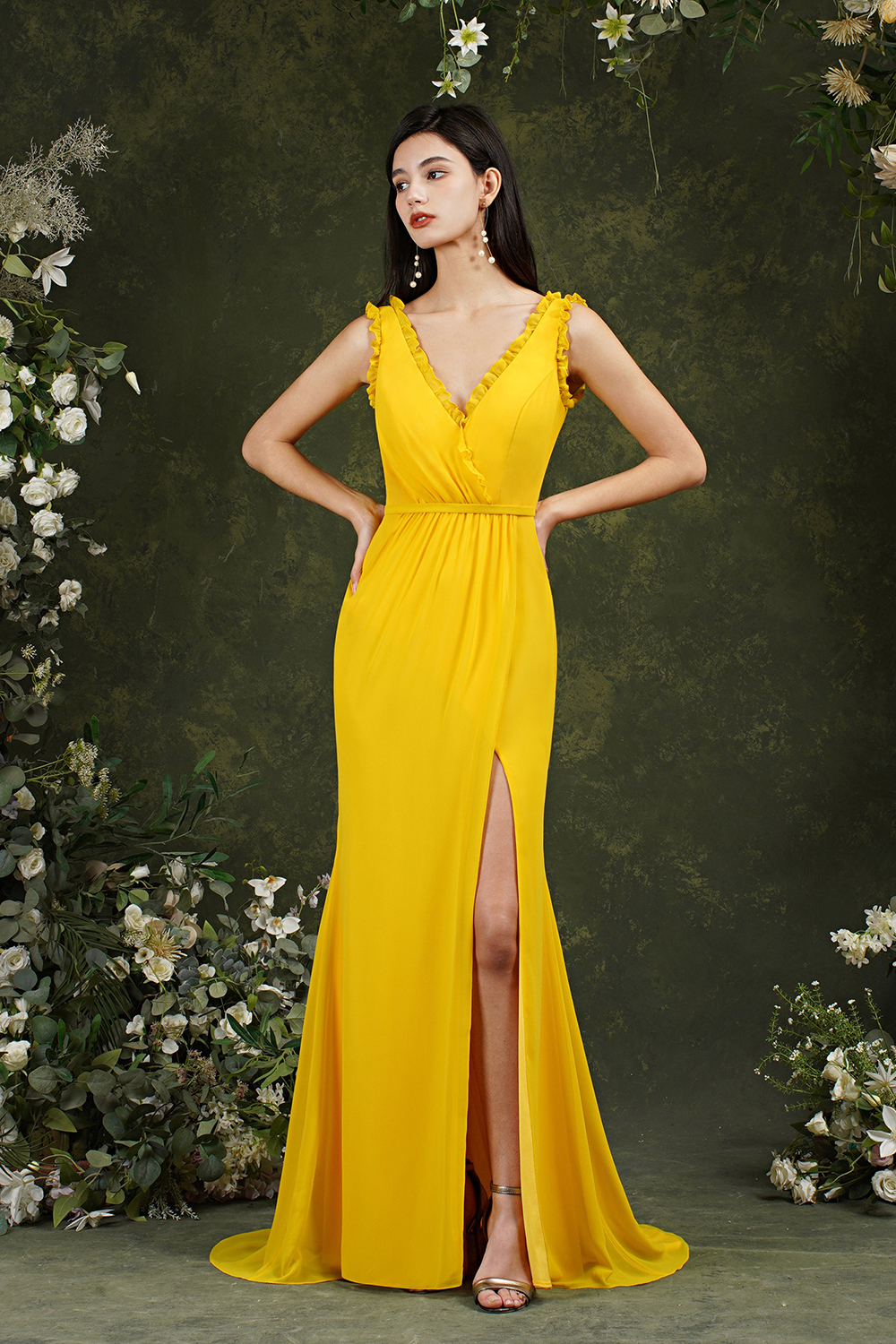 BMbridal V-Neck Bridesmaid Dress Chiffon With Slit-BMbridal