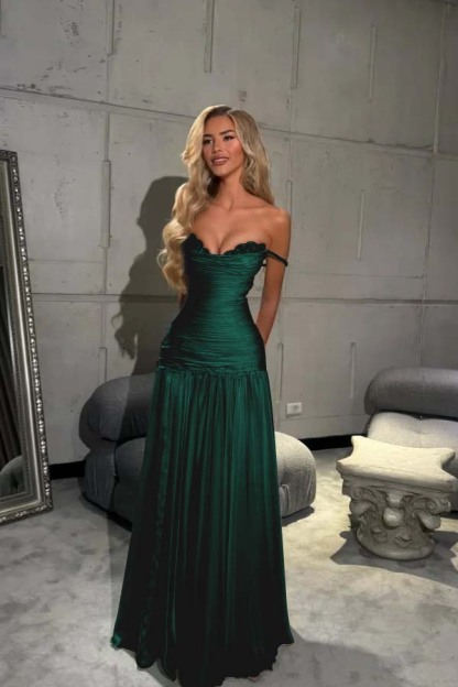 Off the Shoulder Sleeveless Long Prom Dress With Pleated Sequins