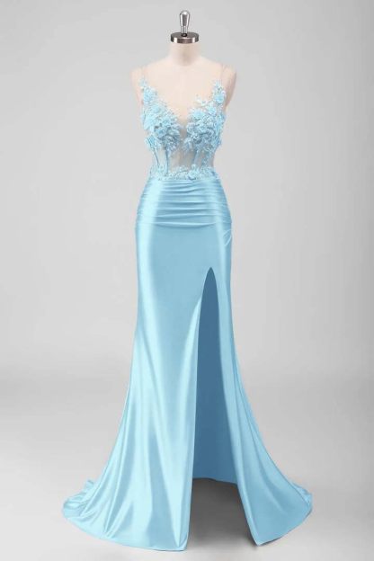 Sleeveless Spaghetti Strap Long Split Mermaid Prom Dress With Appliques