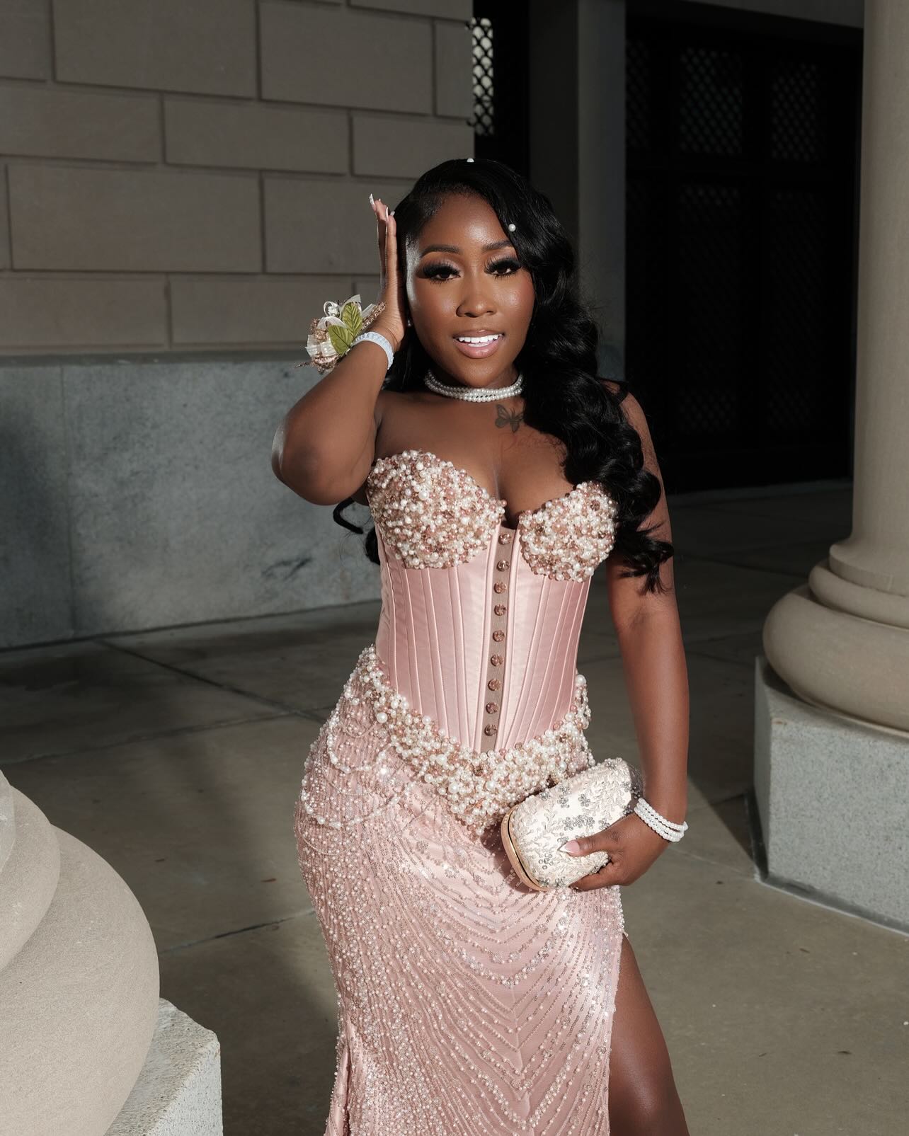 Pearl Perfection - Beaded Corset Mermaid Prom Dress with Detachable Sleeves