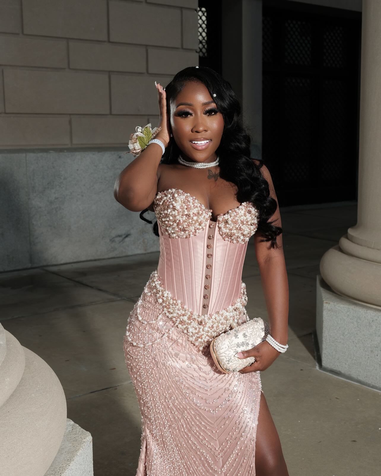 Pearl Perfection - Beaded Corset Mermaid Prom Dress with Detachable Sleeves