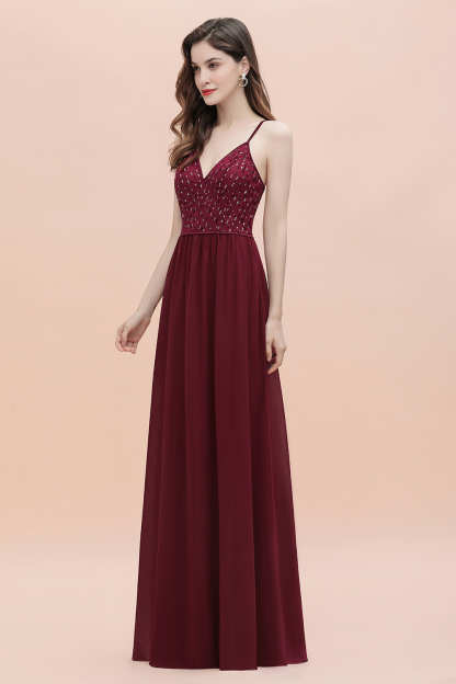BMbridal Fabulous A-line Burgundy Chiffon Bridesmaid Dress V-Neck Spaghetti Straps Sequins Evening Dress-BMbridal