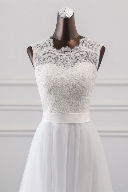 BMbridal Elegant Tullace Jewel Sleeveless White Wedding Dresses with Appliques Online