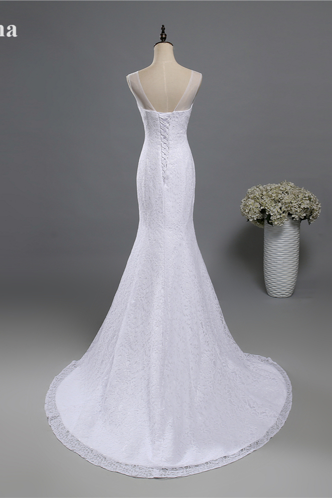 BMbridal Stylish V-Neck White Lace Mermaid Wedding Dress Appliques Sleeveless Sequins Bridal Gowns