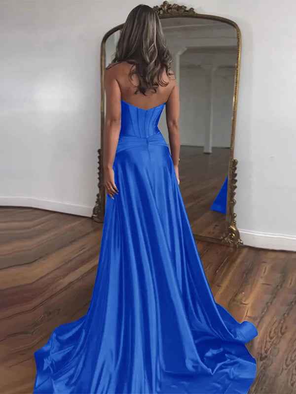 Navy Mermaid Strapless Corset Bodice Prom Dress with Slit