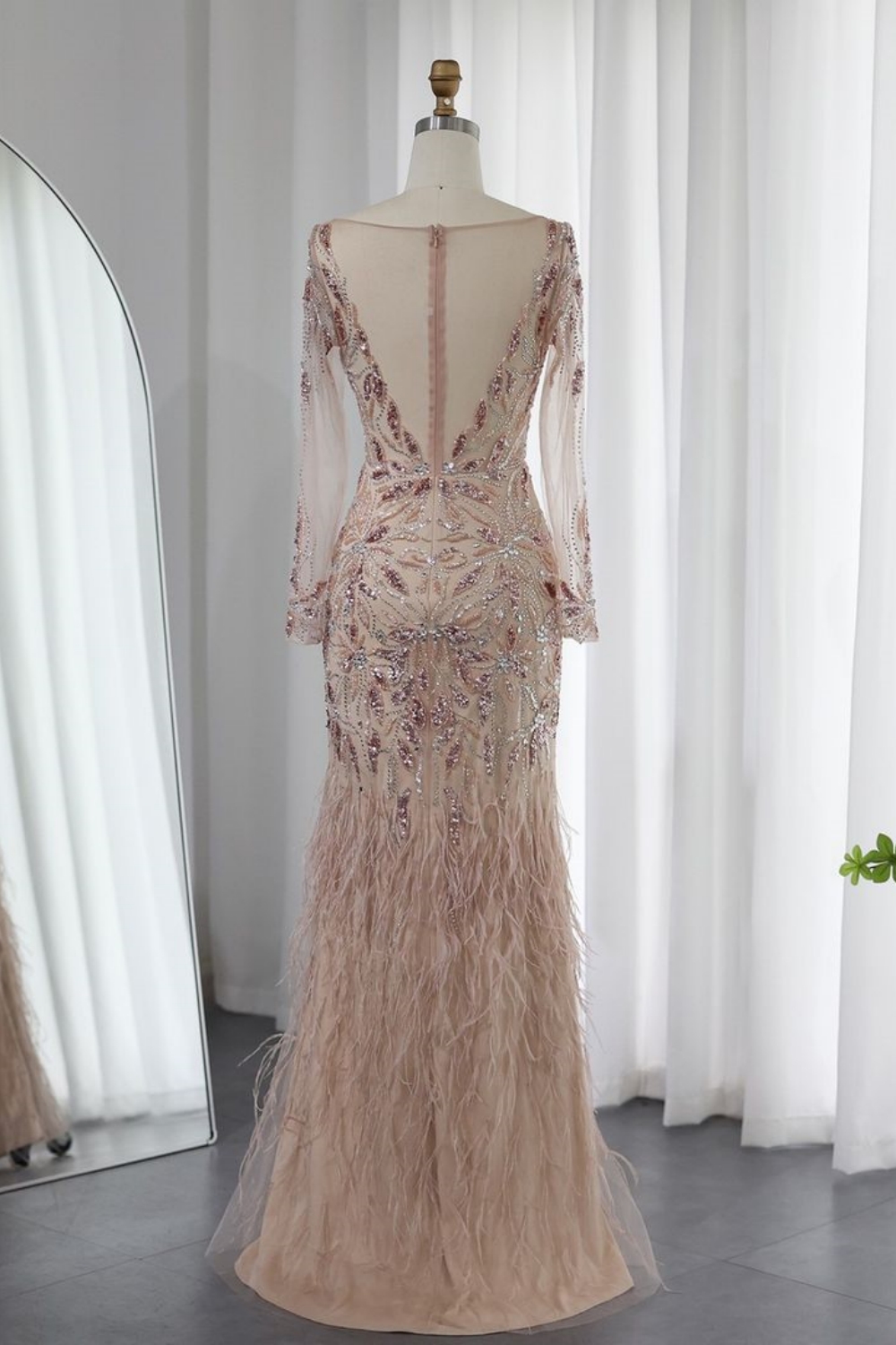Bmbridal Dusty Rose A-Line Long Sleeves Bateau Tulle Prom Dresses with Appliques