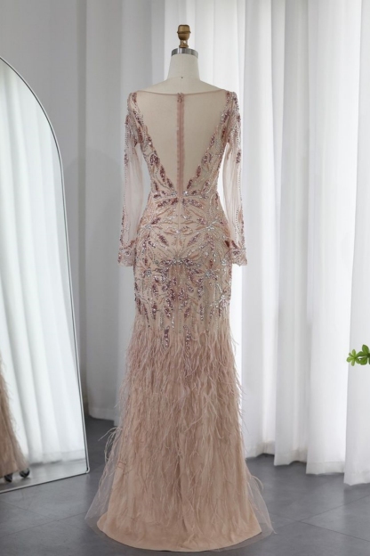 Bmbridal Dusty Rose A-Line Long Sleeves Bateau Tulle Prom Dresses with Appliques