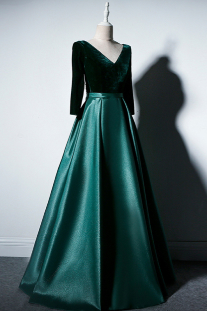 BMbridal Elegant V-Neck Satin A-Line Prom Dresses Long Sleeves Party Dresses On Sale