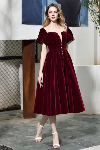 BMbridal Vintage Bugrundy Short Sleeve Prom Dress Tea-Length Party Gowns With Lace-up