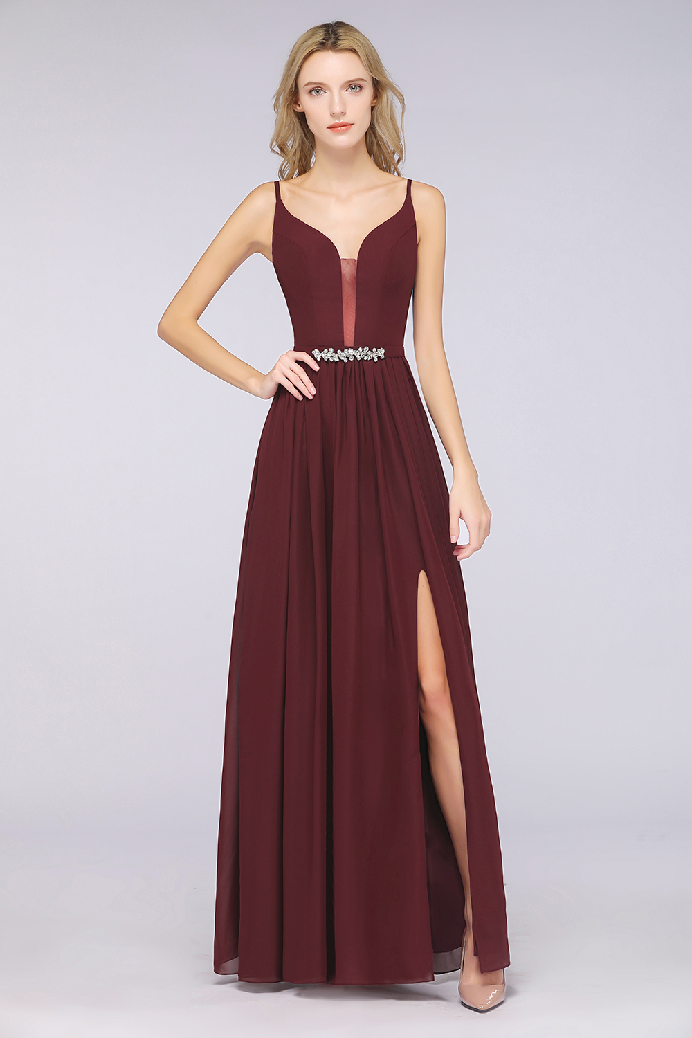 BMbridal Sexy Deep-V-Neck Appliques Burgundy Chiffon Bridesmaid Dress with Slit-BMbridal