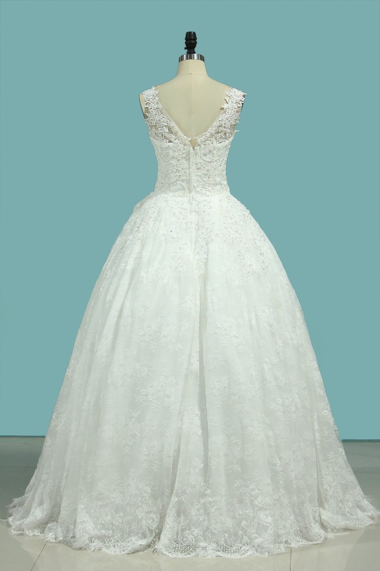 BMbridal Glamorous Jewe Tull Lace Wedding Dress Appliques Sleeveless Beadings Bridal Gowns Online-BMbridal