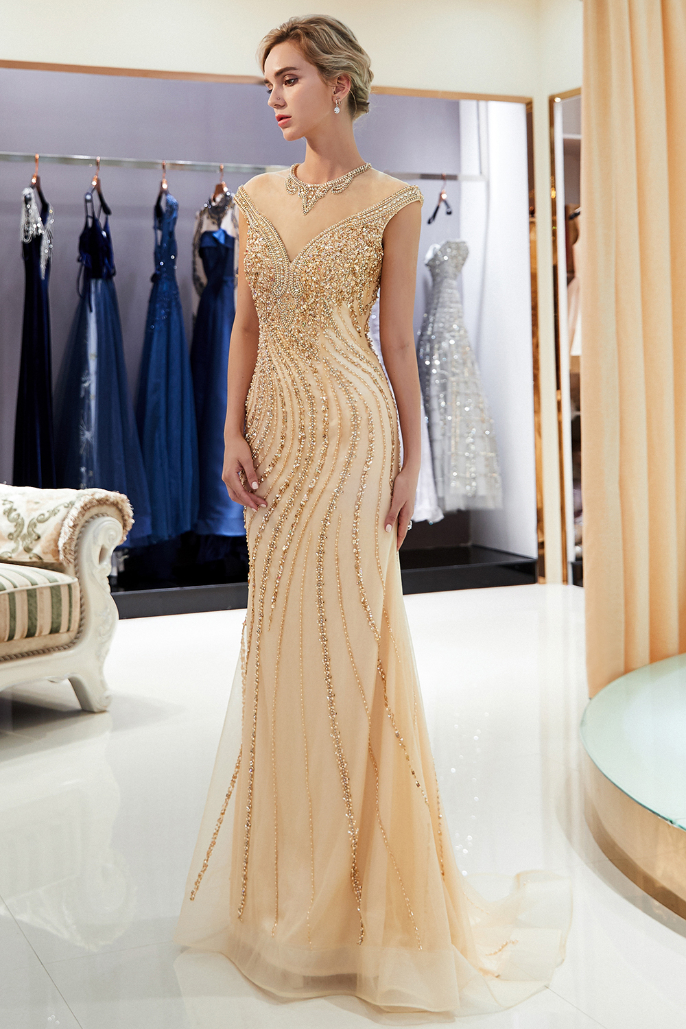 BMbridal Elegant Mermaid Jewel Long Gold Prom Dresses Sleeveless Evening Gowns with Rhinestones