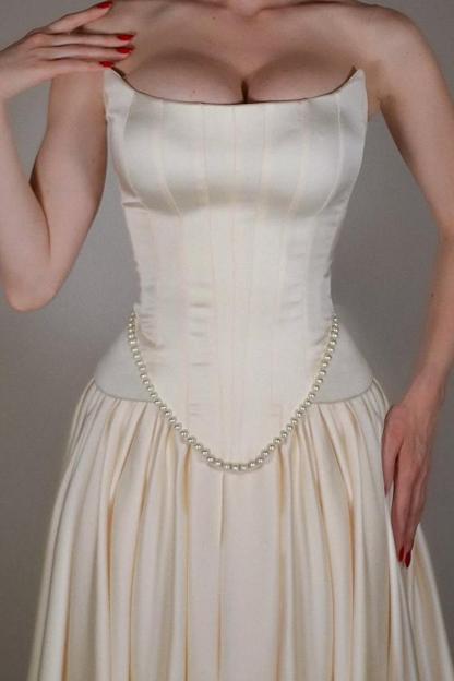 Strapless Sleeveless Long A Line Prom Dress With Pleated Beading