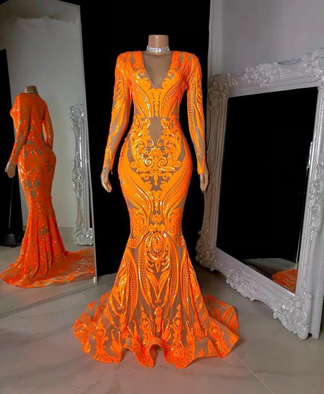 BMbridal Long Sleeves Orange Mermaid Prom Dress Long Lace Sequins-BMbridal
