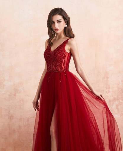 BMbridal Burgundy V-Neck Sleeveless Long Evening Dress With Split Lace Appliques
