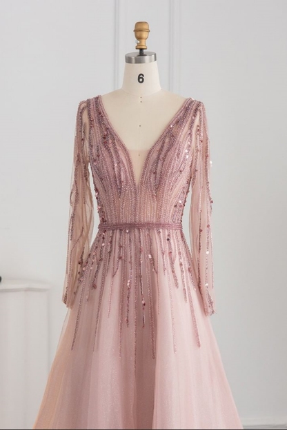 Bmbridal Champagne A-Line Long Sleeves V-Neck Prom Dresses with Appliques