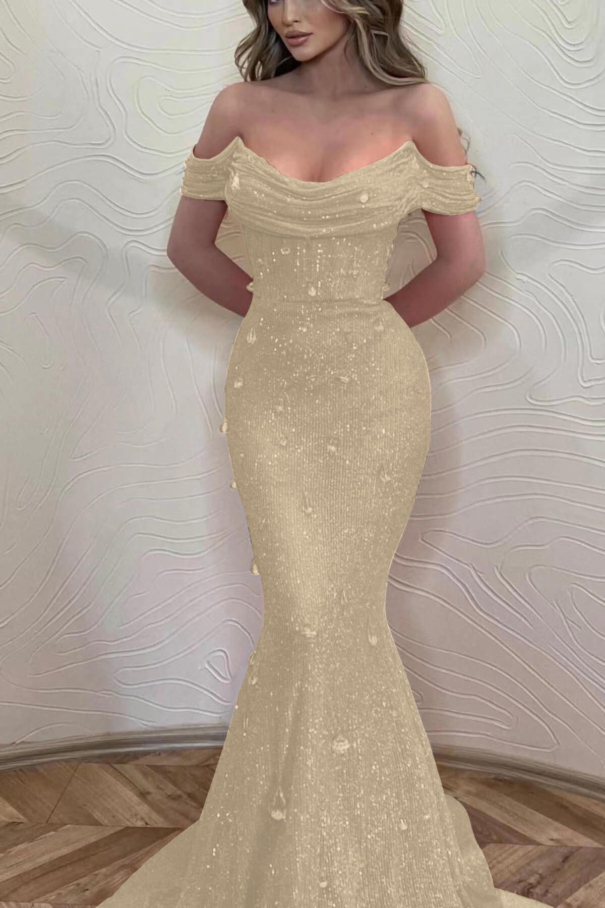 Orange Off the Shoulder Strapless Sleeveless Prom Dress With Sequins Mermaid