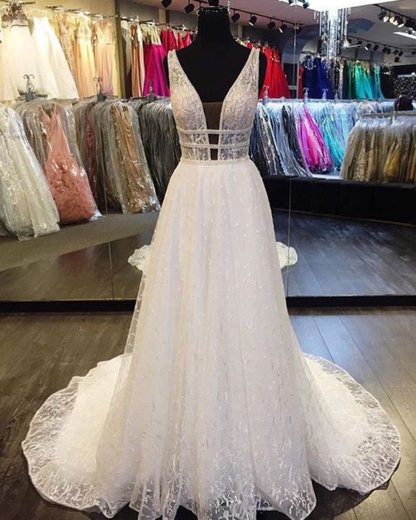 BMbridal Designer V-Neck Sleeveless Lace Wedding Dress Long Bridal Gowns