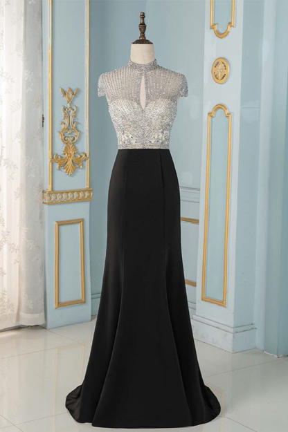 BMbridal Luxury High-Neck Short-Sleeves Mermaid Prom Dresses with Beading Top