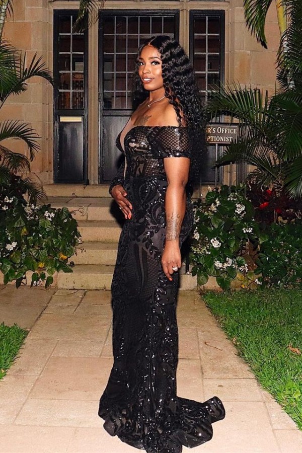 Bmbridal One Shoulder Long Sleeves Black Prom Dress Mermaid Sequins