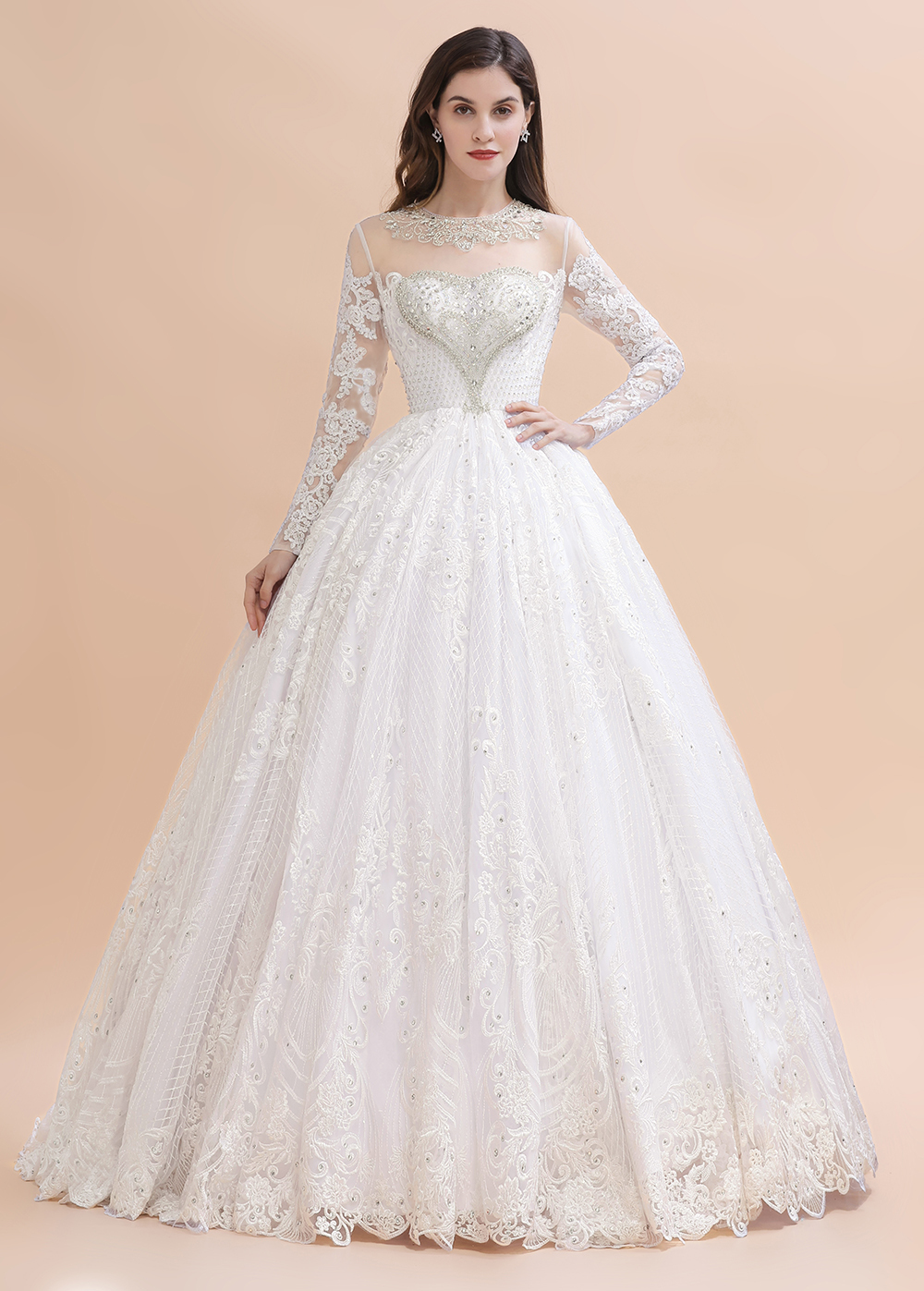 BMbridal Glamorous Jewel Tulle Lace Wedding Dress Long Sleeves Appliques Beadings Bridal Gowns Online-BMbridal