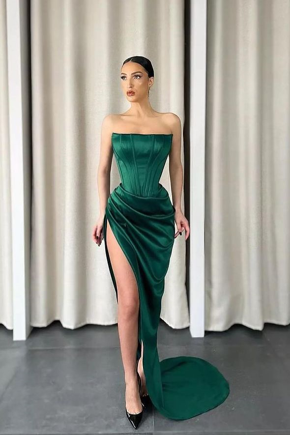 Bmbridal Dark Green Mermiad Strapless Prom Dress with Split Front