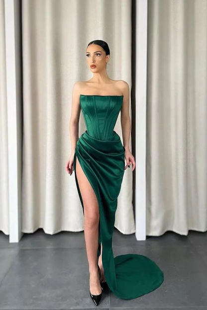 Bmbridal Dark Green Mermiad Strapless Prom Dress with Split Front
