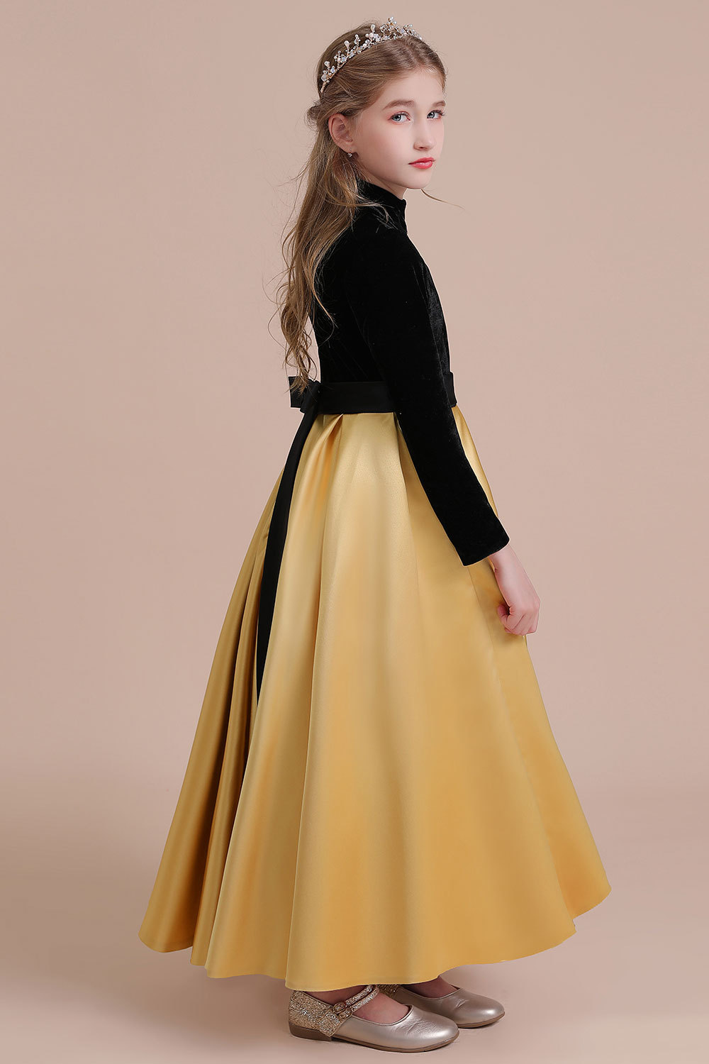 BMbridal A-Line High-neck Velvet Satin Flower Girl Dress Online-BMbridal