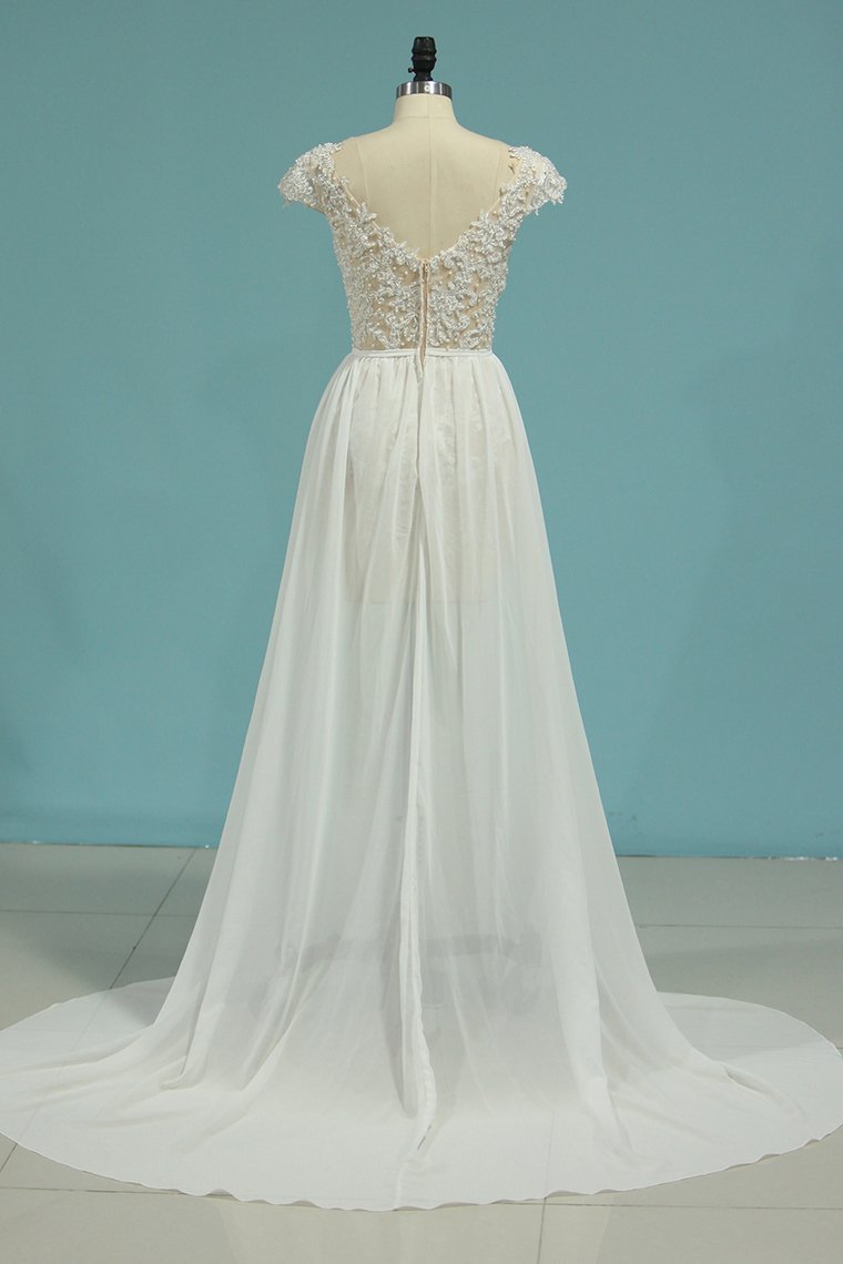 BMbridal Simple Chiffon Ruffles Lace Wedding Dress Appliques Cap Sleeves V-neck Beadings Bridal Gowns On Sale-BMbridal