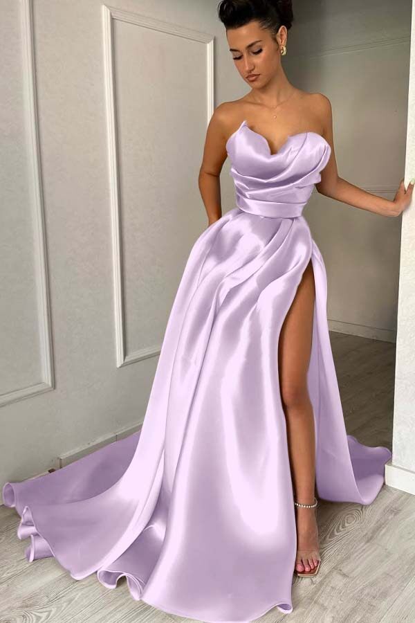 Strapless Sleeveless Long Prom Dress With High Split Pleated