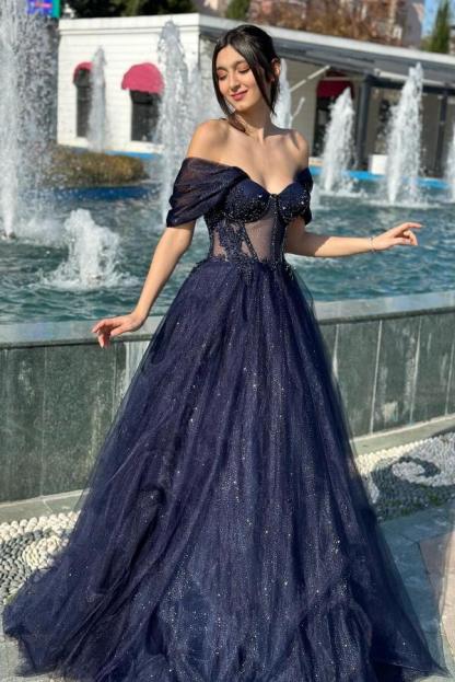 Gorgeous A-Line Floor-Length Sweetheart Off-The-Shoulder Sequined Tulle Wedding Dresses