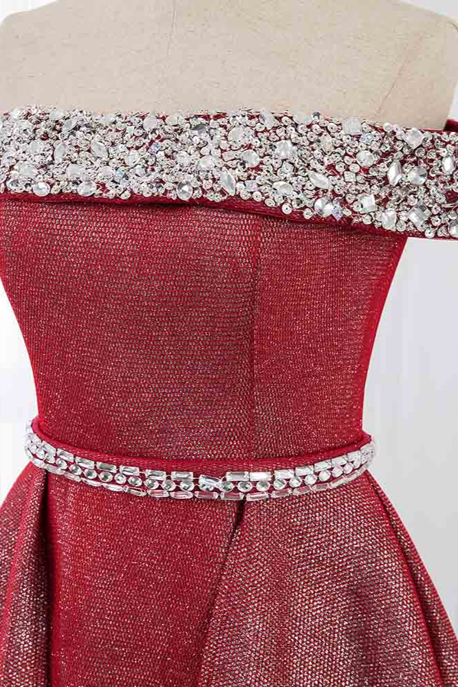 BMbridal Gorgeous Off-the-Shoulder Beading Burgundy Prom Dress with Sash