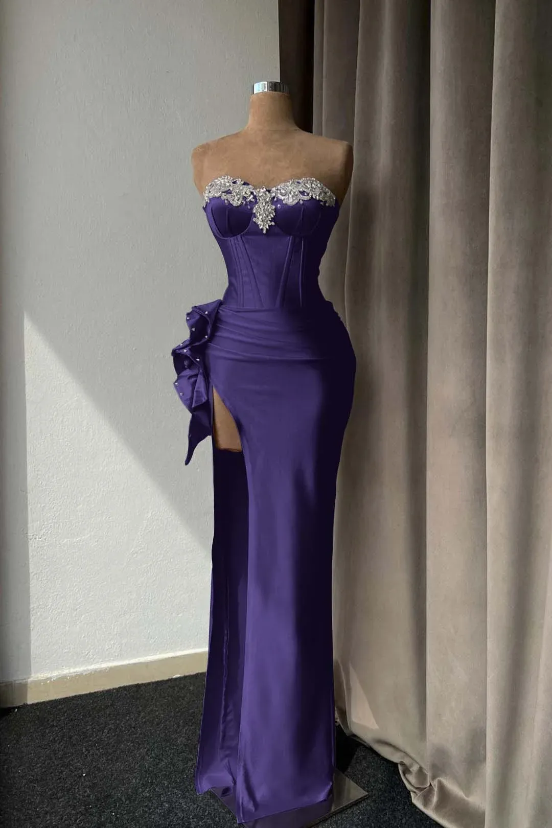 Light Purple Prom Dress With Rhinstone High Slit Gown Sleeveless