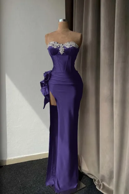 Light Purple Prom Dress With Rhinstone High Slit Gown Sleeveless