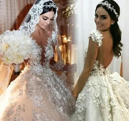 Modest Backless Floor-Length Princess Bateau Long Sleeves Wedding Dress Appliques Lace Ruffles