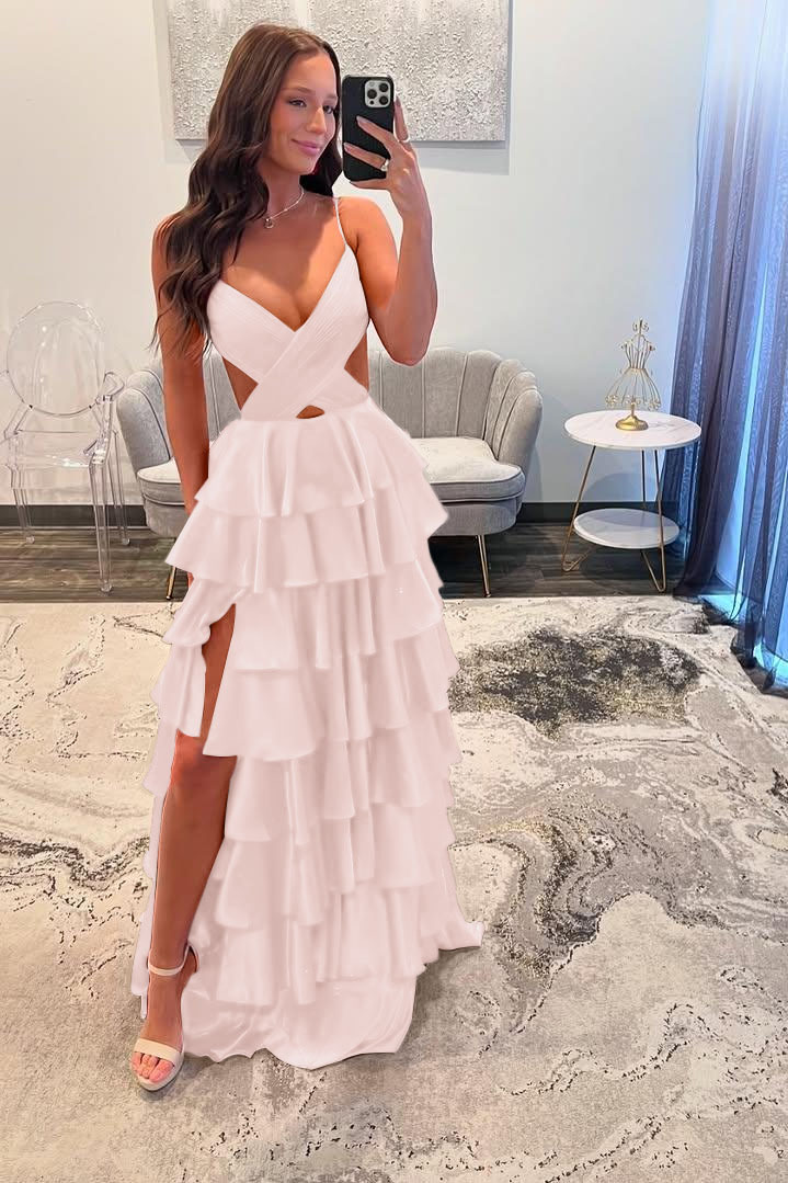 Spaghetti Strap Sleeveless Long Split Prom Dress With Ruffles