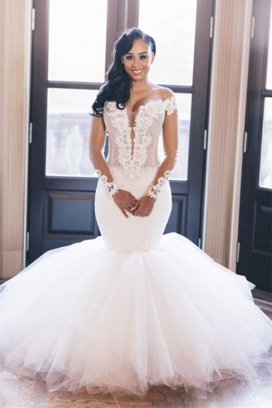 Chic Mermaid Long Sleeves Tulle Wedding Dress Off-the-Shoulder with Appliques