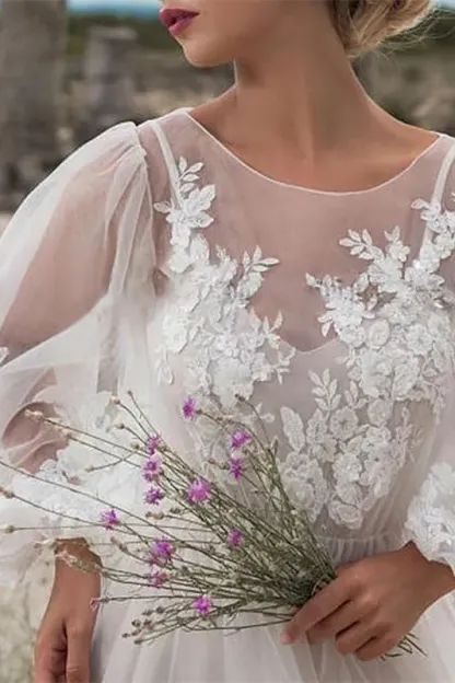 Tulle Bubble Sleeves Lace Wedding Dress