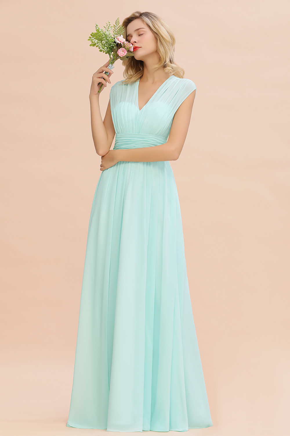 BMbridal Elegant Chiffon V-Neck Ruffle Long Bridesmaid Dresses Affordable-BMbridal