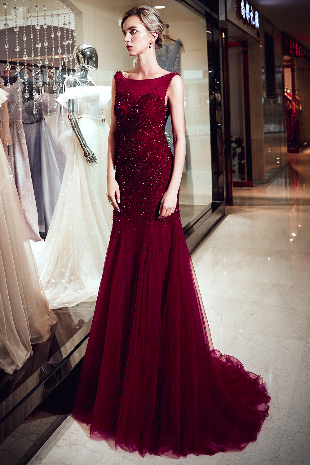 BMbridal Gorgeous Mermaid Sleeveless Prom Dresses Sequined Tulle Burgundy Formal Dresses Online