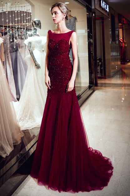 BMbridal Gorgeous Mermaid Sleeveless Prom Dresses Sequined Tulle Burgundy Formal Dresses Online
